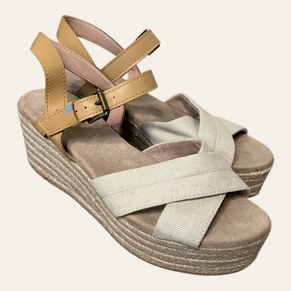 TOMS Willow Cream Canvas Espadrille Wedges Strappy Sandals 8 - Picture 2 of 9